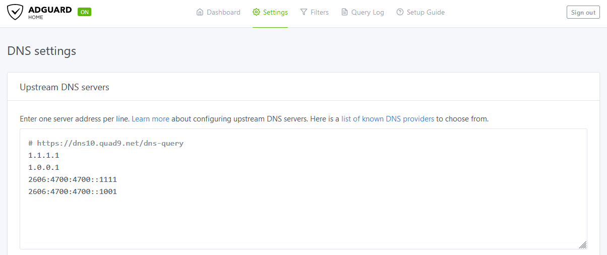 Upstream DNS settings in AGH, with four entries of Cloudflare DNS