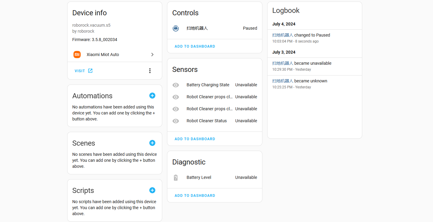Device info page of the Roborock vacuum